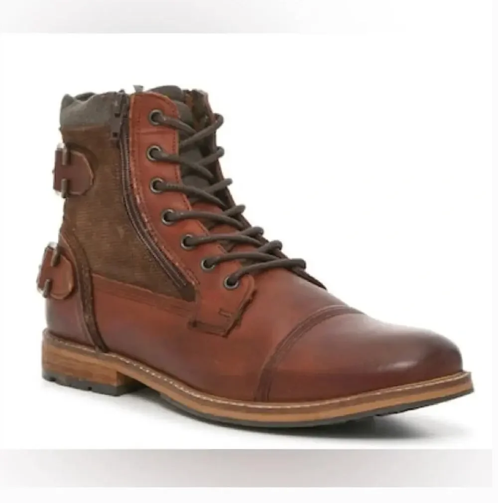 Crown Vintage Mens Brandon Boots 10 NWT Brown Leather Lace Combat Buckle Cap Toe